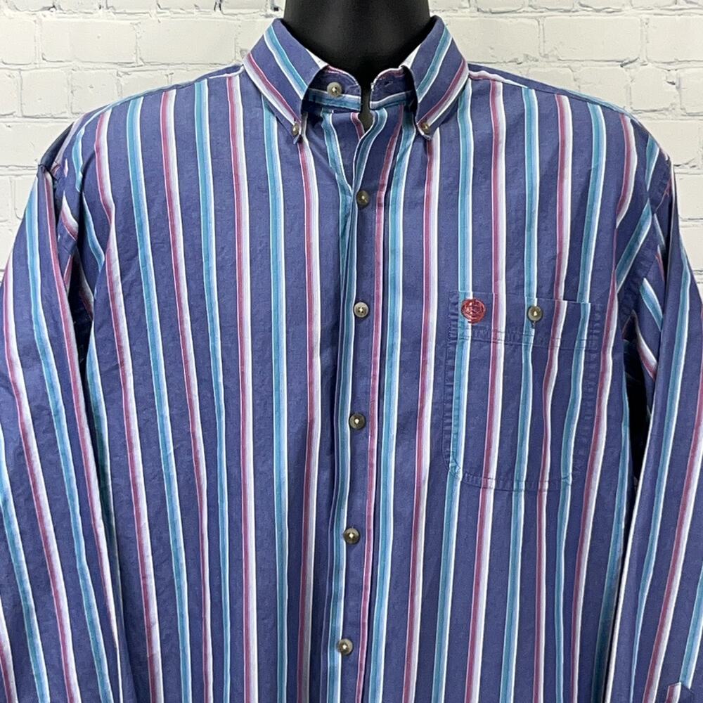 Wrangler George Strait Striped Button Front Shirt Cowboy Cut Blue XL X-Large